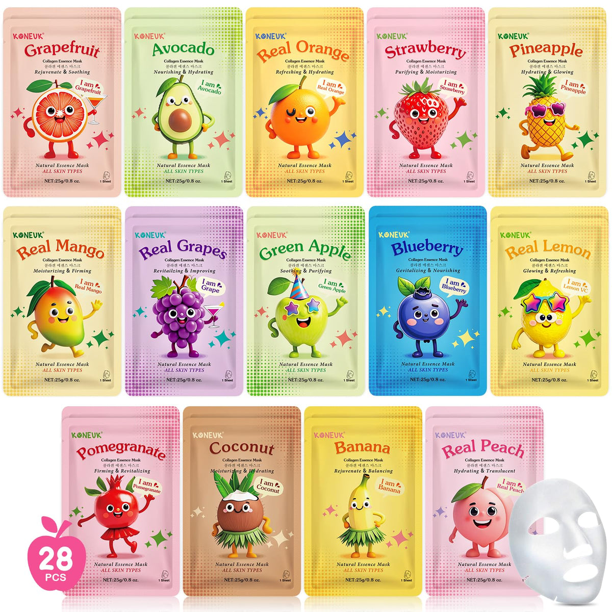 KONEUK 28 Pack Fruit Face Masks assorted fruit designs