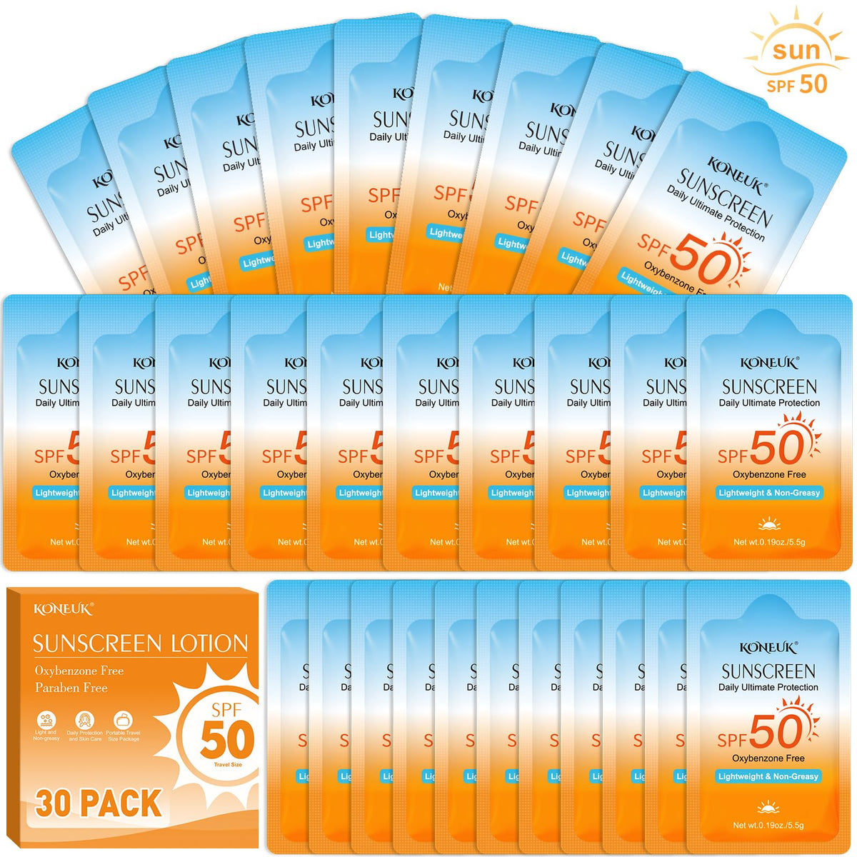 KONEUK 30 Pack Travel Size Sunscreen front view with SPF 50 label