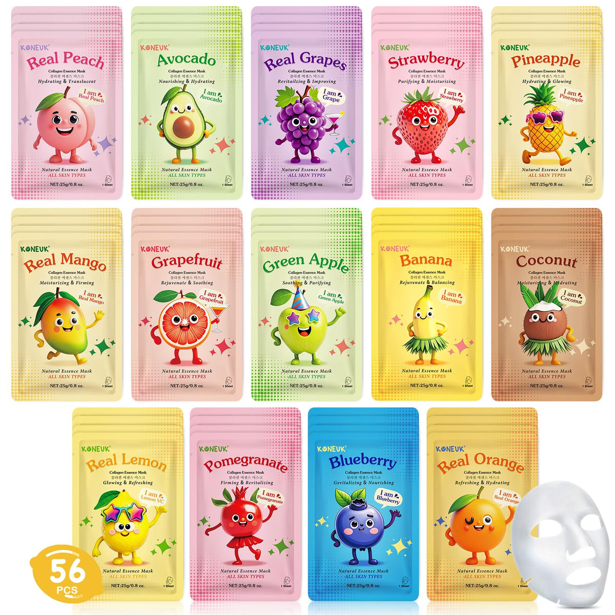 KONEUK 56 Pack Fruit Collagen Face Masks assorted designs front view