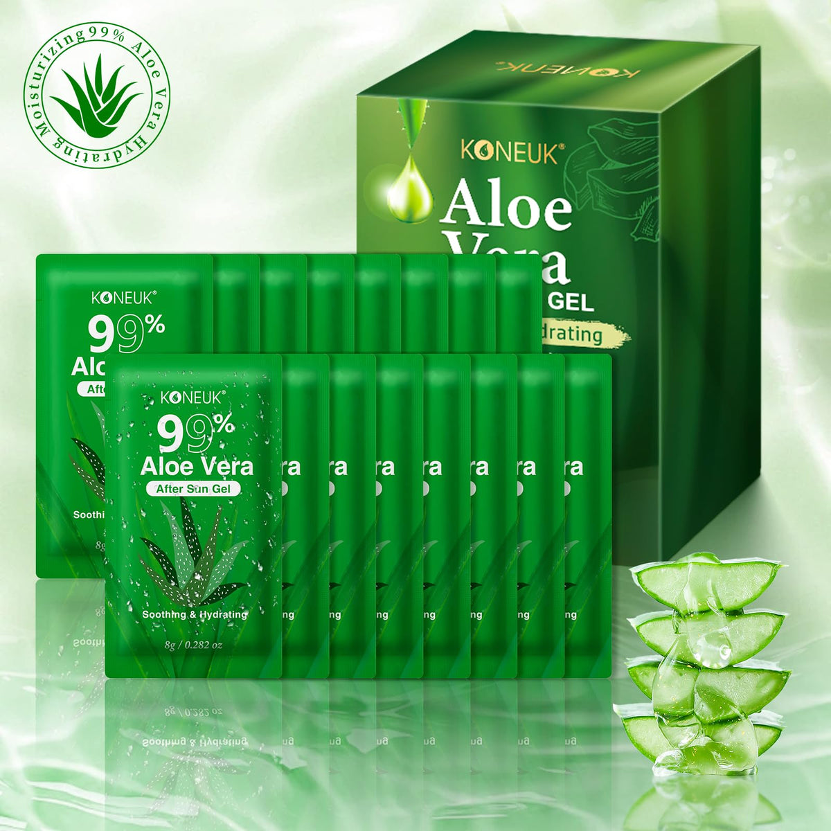 KONEUK Aloe Vera Gel packets displayed with a beach background