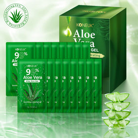 KONEUK Aloe Vera Gel packets displayed with a beach background
