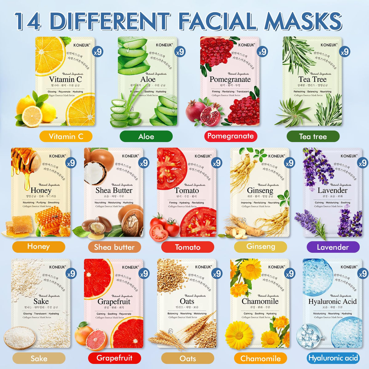 KONEUK face mask showing aloe and pomegranate ingredients