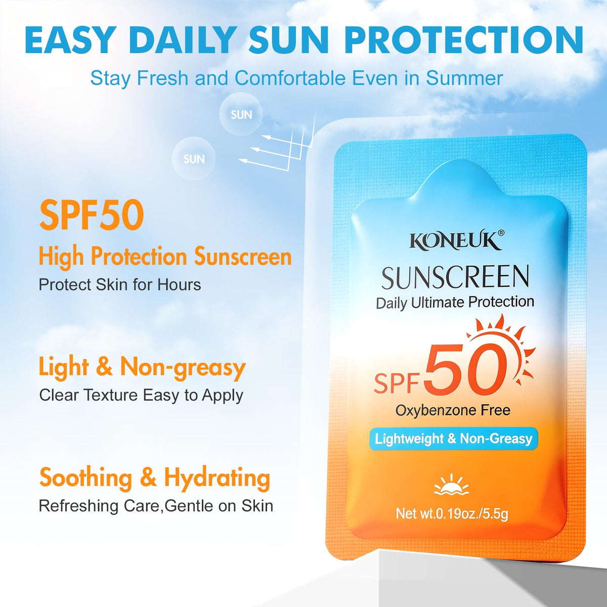 KONEUK Mini Sunscreen packets laid out on a table