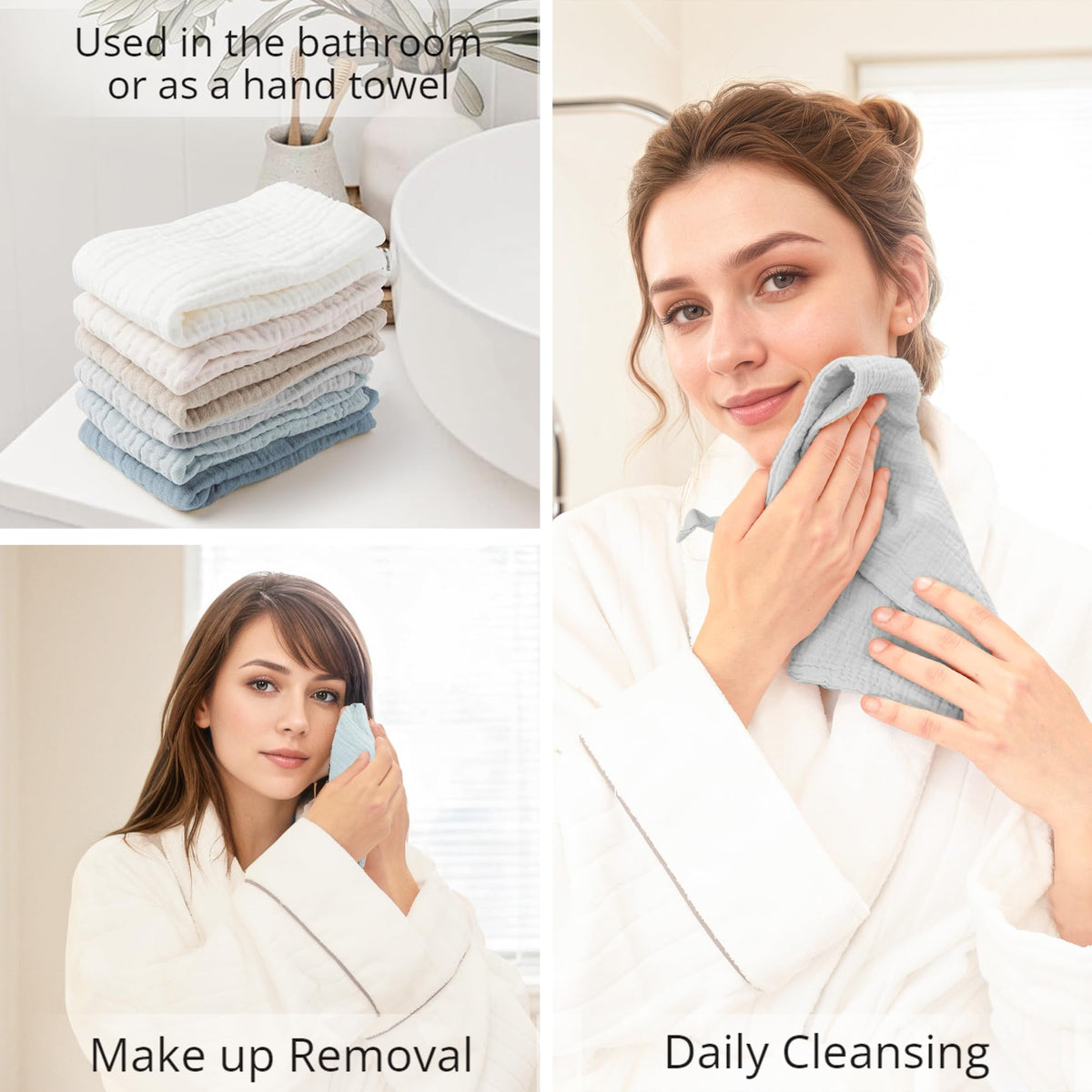 Konssy face cloths stacked neatly on a bathroom counter