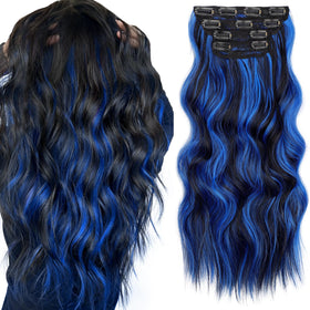 KooKaStyle 20-inch Wavy Clip in Hair Extensions Blue - Black Streak front view