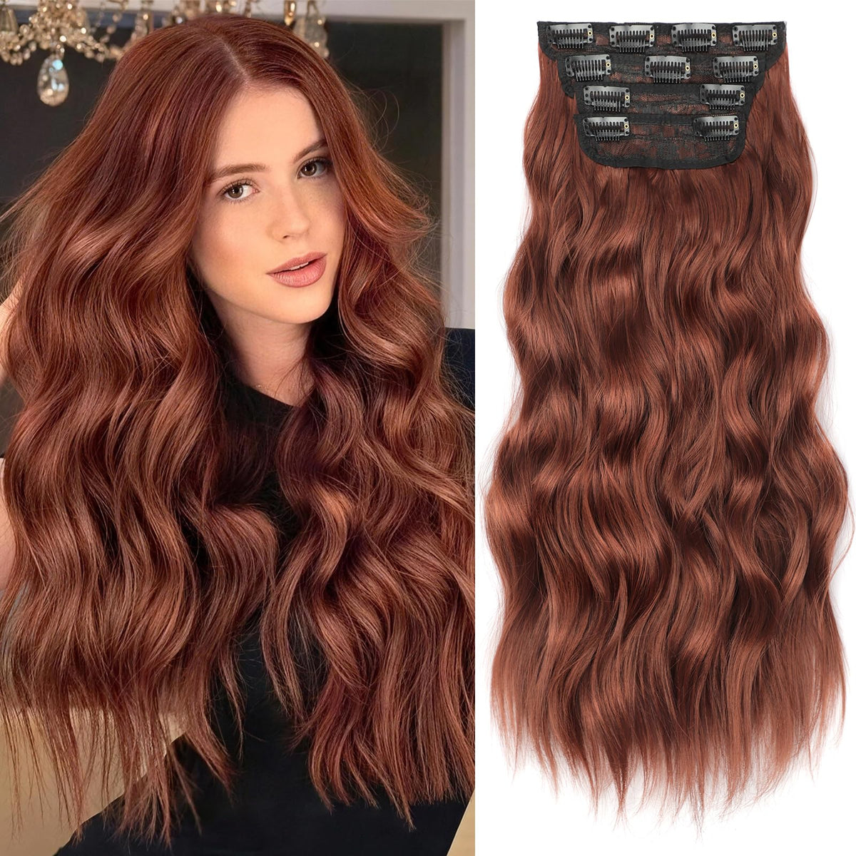 KooKaStyle 24-inch Auburn Wavy Clip in Hair Extensions front view