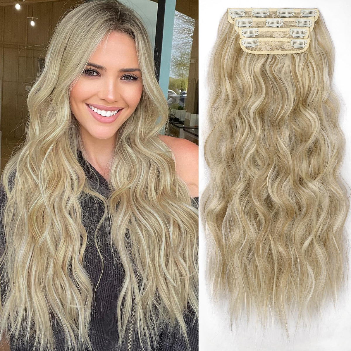 KooKaStyle 24-inch Beach Blonde Clip in Hair Extensions front view