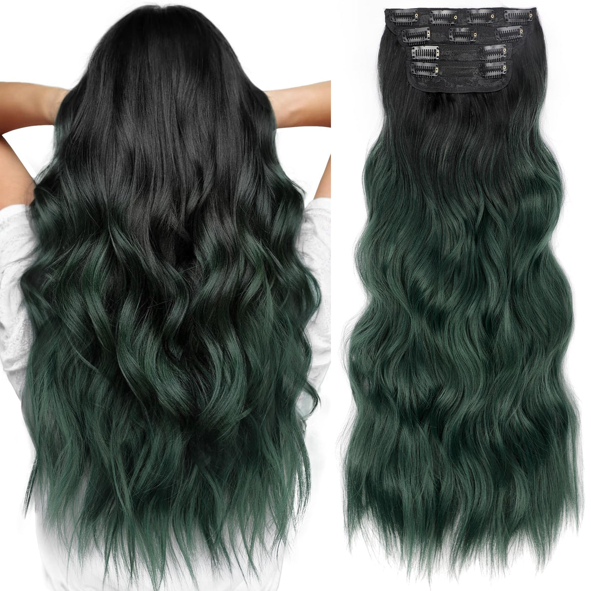 KooKaStyle 24-inch Black to Green Ombre Clip in Hair Extensions front view