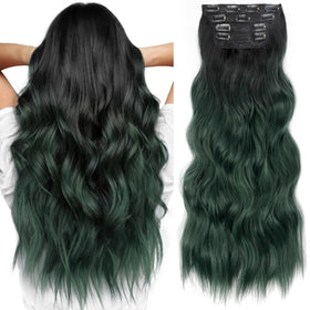 KooKaStyle 24-inch Black to Green Ombre Clip in Hair Extensions front view
