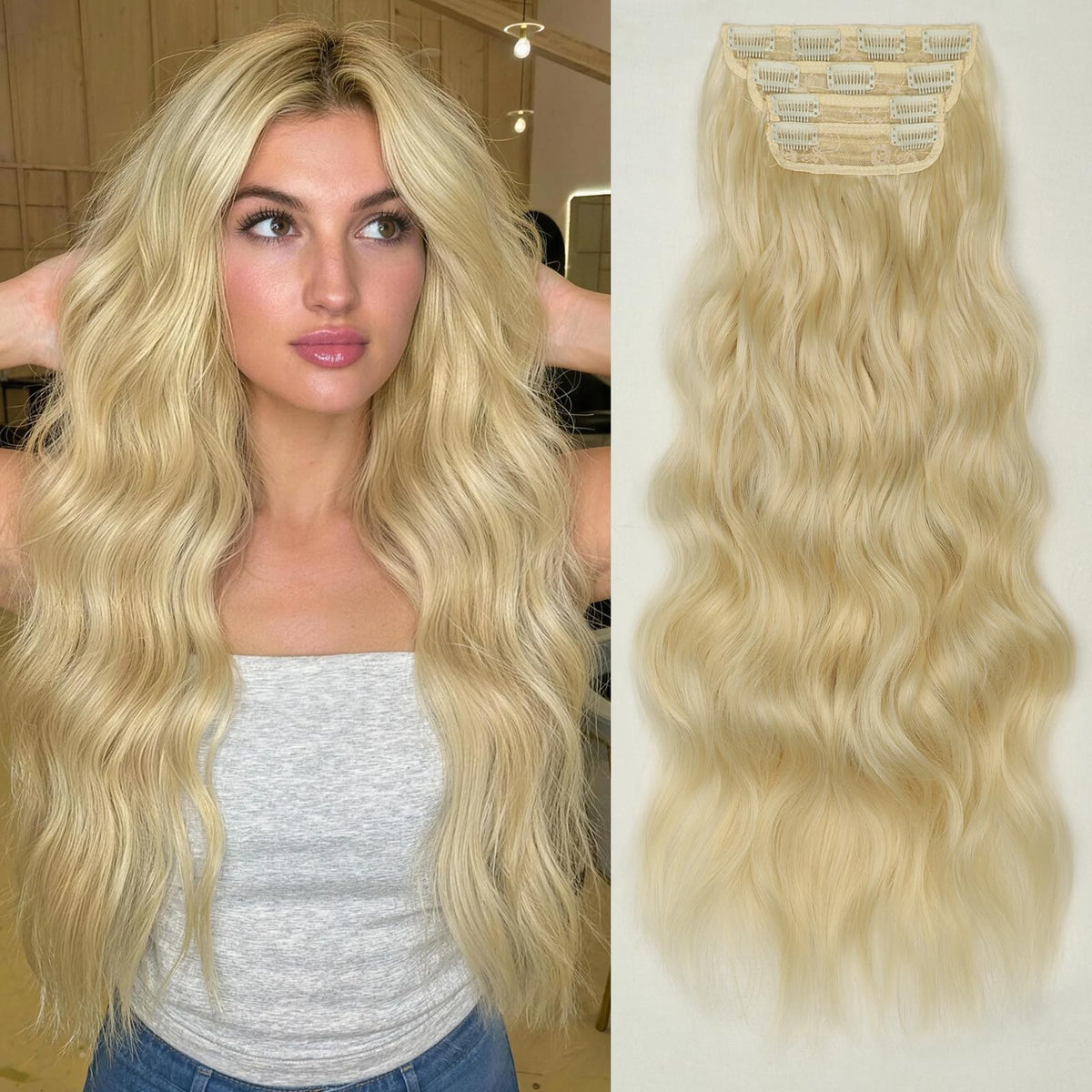KooKaStyle 24-inch Wavy Clip in Hair Extensions in Champagne Blonde front view