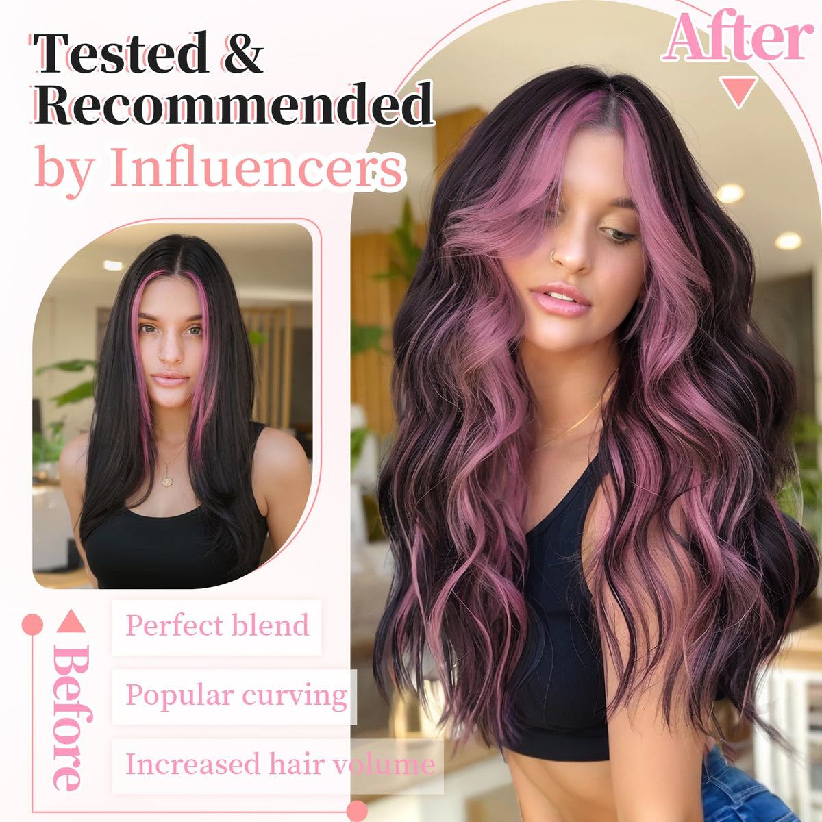 KooKaStyle 24-inch Wavy Clip in Hair Extensions Natural Black Pink close-up of clips
