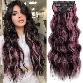 KooKaStyle 24-inch Wavy Clip in Hair Extensions Natural Black Pink front view