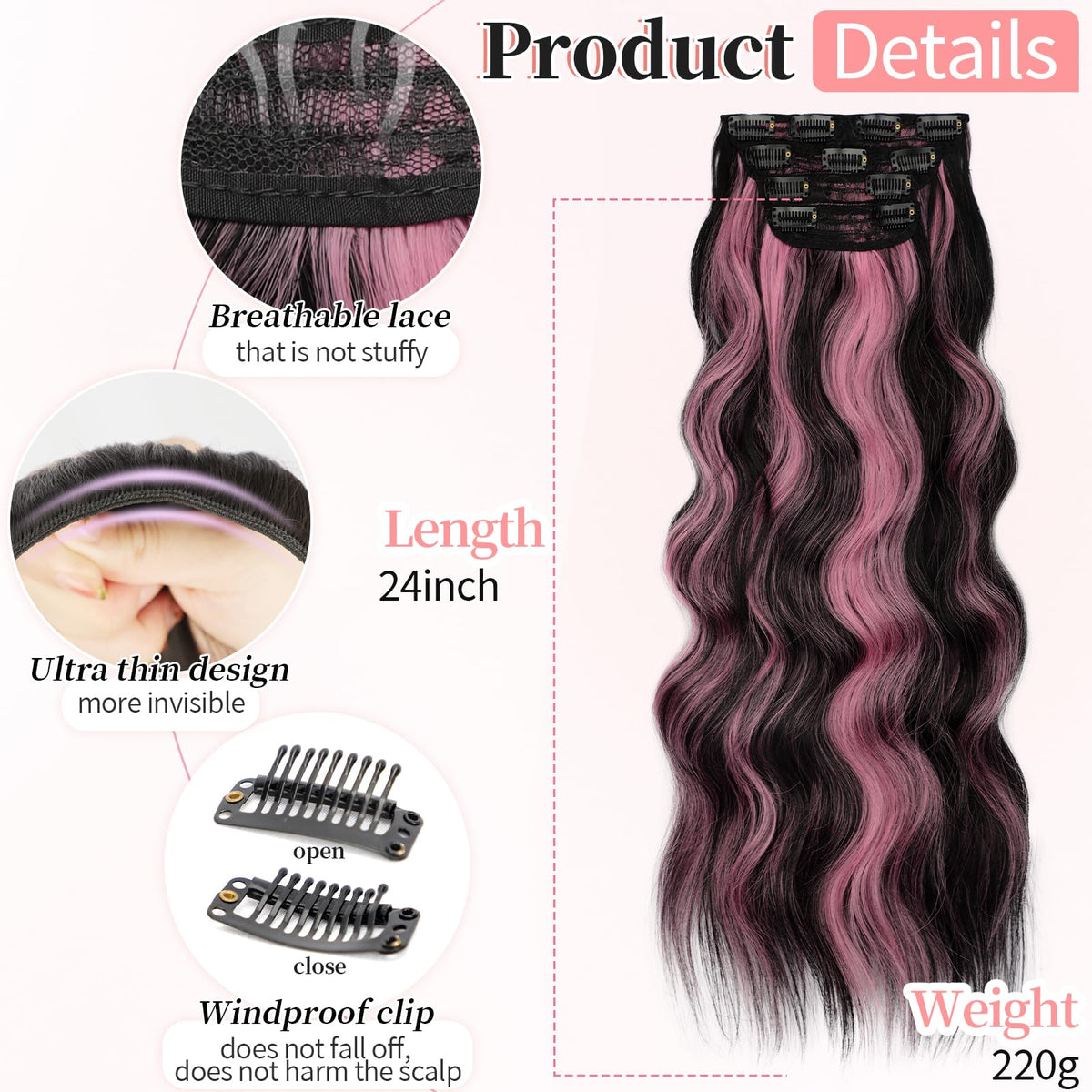 KooKaStyle 24-inch Wavy Clip in Hair Extensions Natural Black Pink packaging