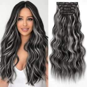 KooKaStyle 24-inch Wavy Thick Clip in Hair Extensions Black and White Mix front view