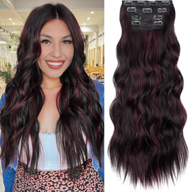 KooKaStyle 24-inch wavy thick clip-in hair extensions in burgundy mix dark brown