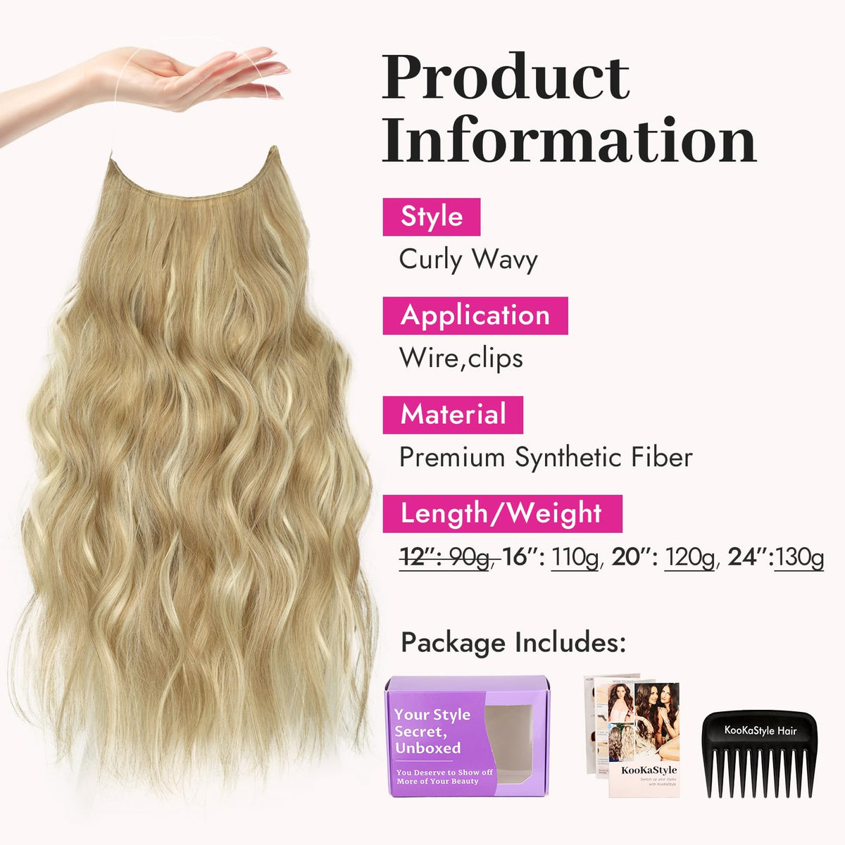 KooKaStyle Blonde Hair Extensions displayed with adjustable fishing wire