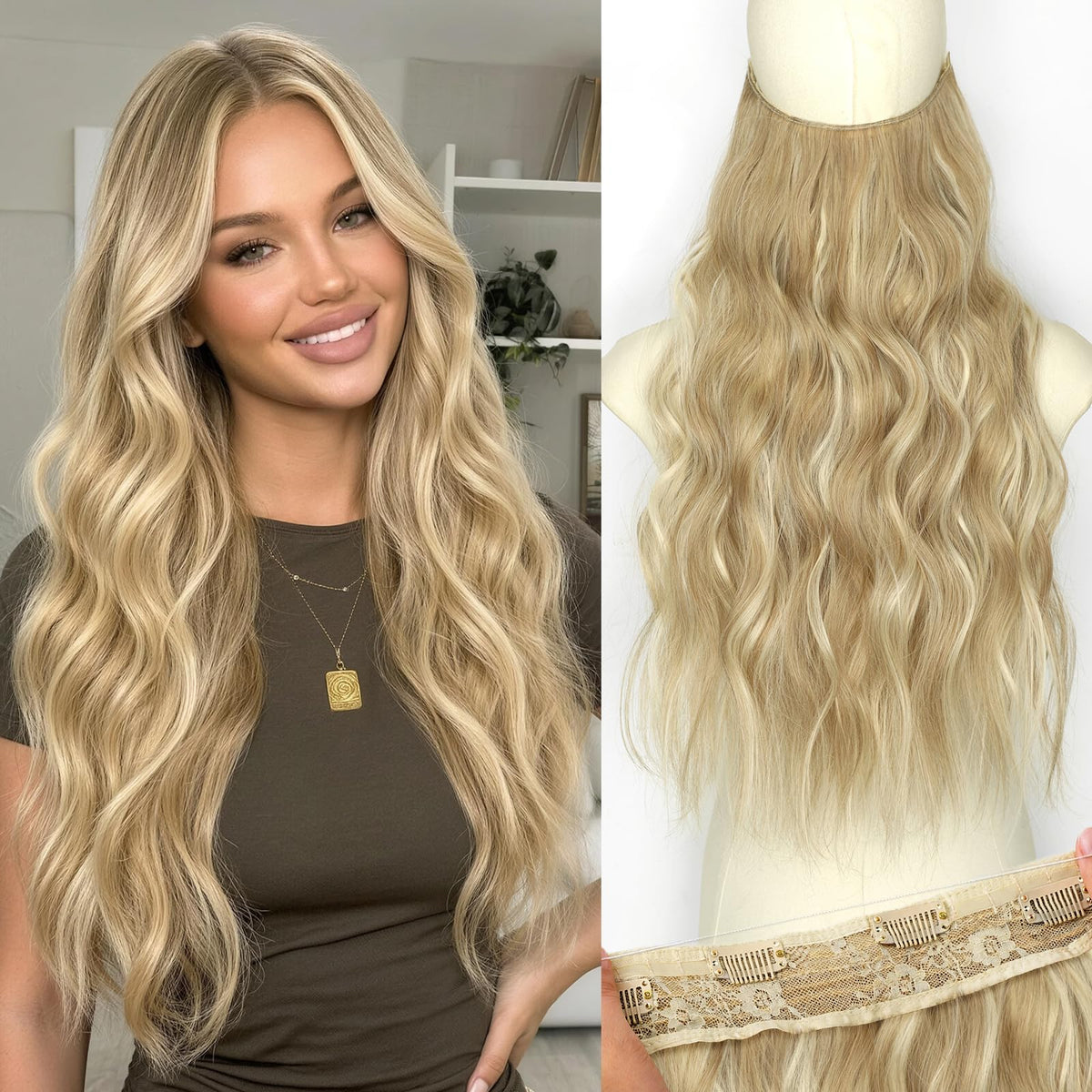 KooKaStyle Blonde Invisible Wire Hair Extensions front view with clips