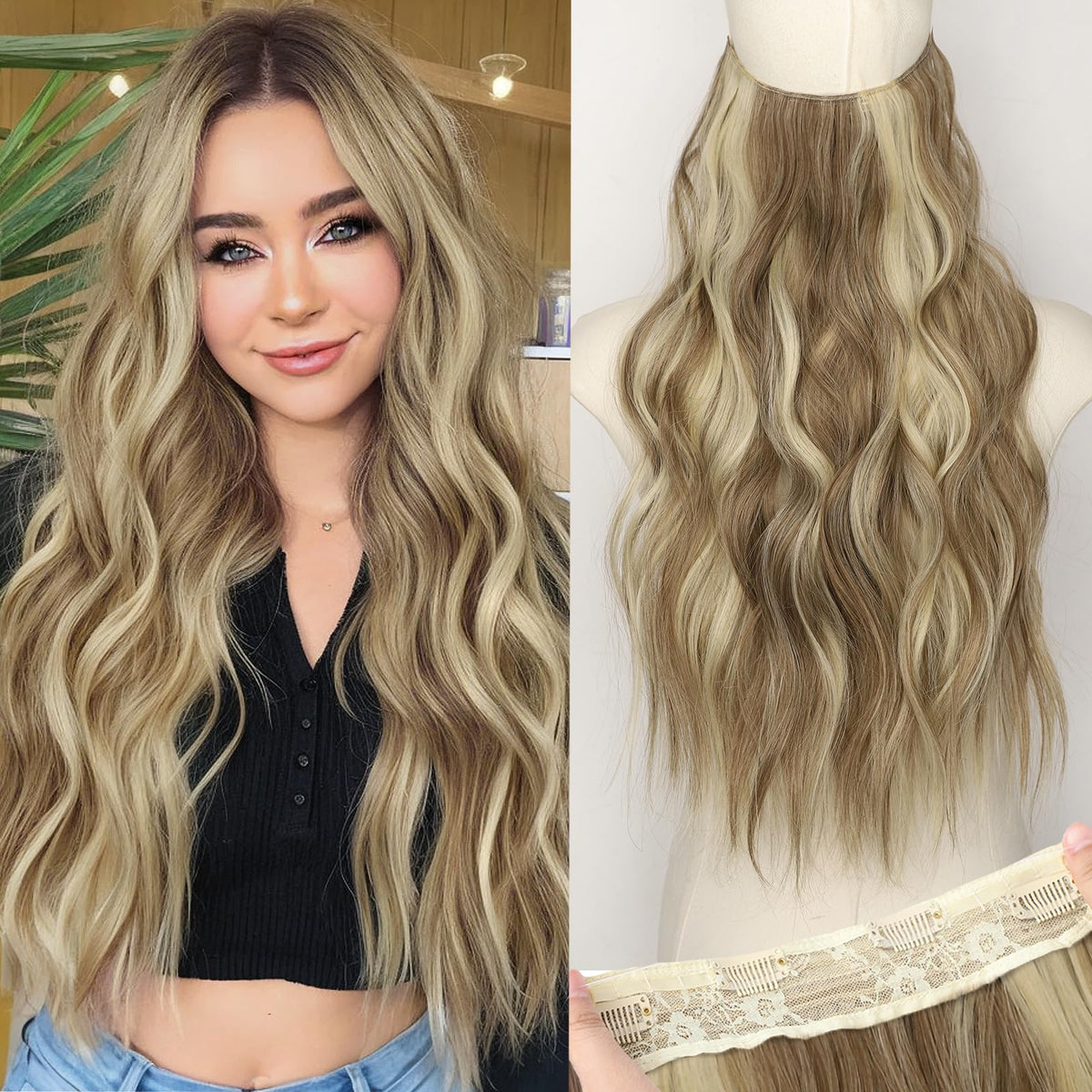 KooKaStyle Blonde Shades Invisible Wire Hair Extensions front view