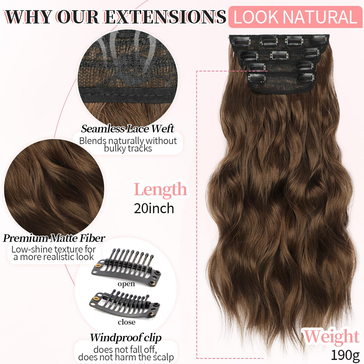 KooKaStyle Clip in Hair Extensions 20 Inch showing multiple wefts