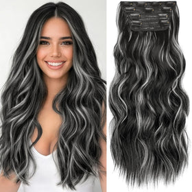 KooKaStyle Clip in Hair Extensions 20 Inch Wavy Black and White Mix front view