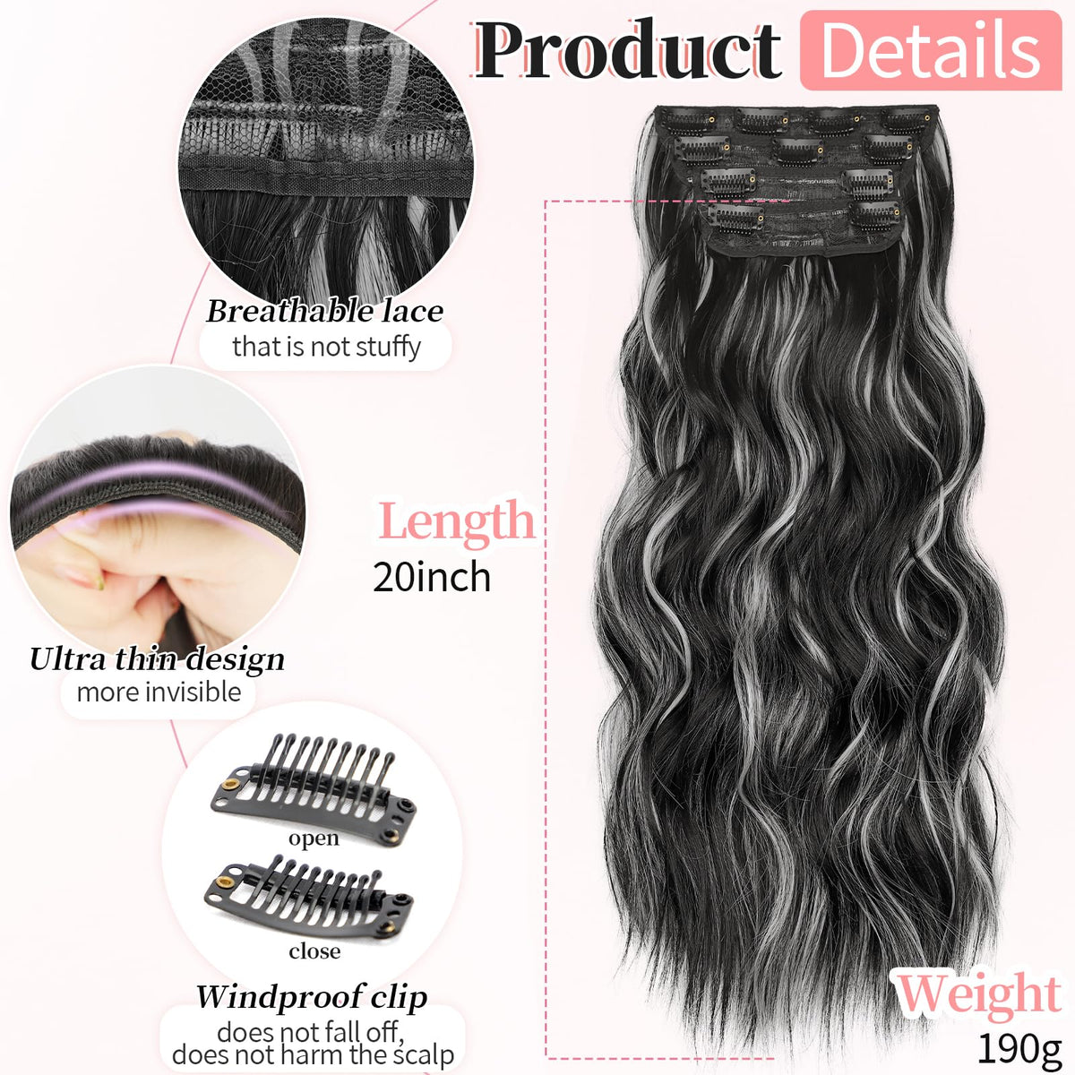 KooKaStyle Clip in Hair Extensions 20 Inch Wavy detail of clips