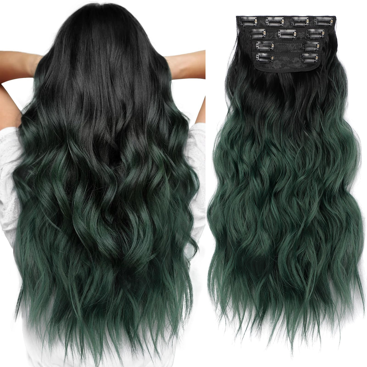 KooKaStyle Clip in Synthetic Hair Extensions 20 Inch Black to Green Ombre front view