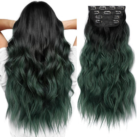 KooKaStyle Clip in Synthetic Hair Extensions 20 Inch Black to Green Ombre front view