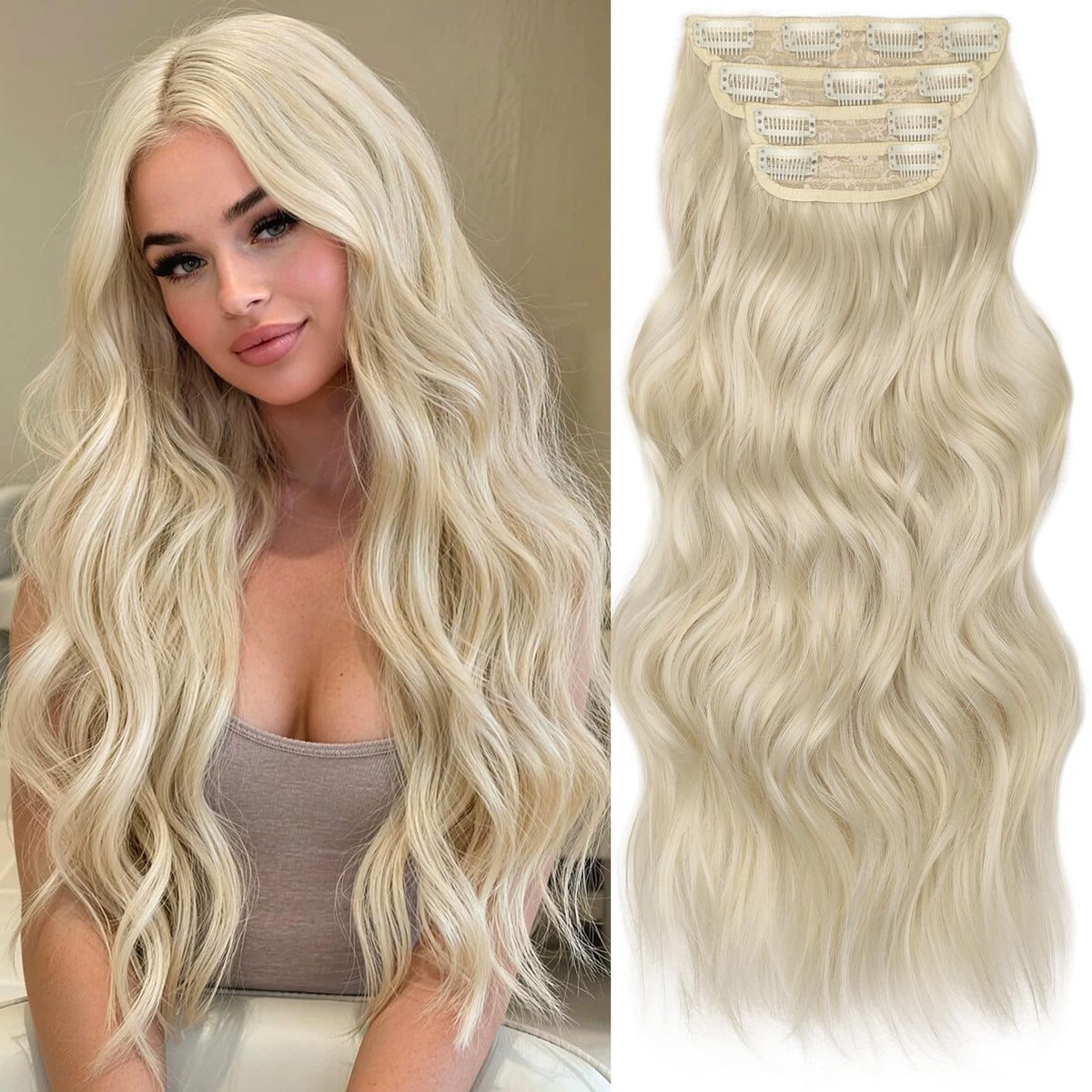 KooKaStyle Clip-in Synthetic Hair Extensions 20 Inch Platinum Blonde front view