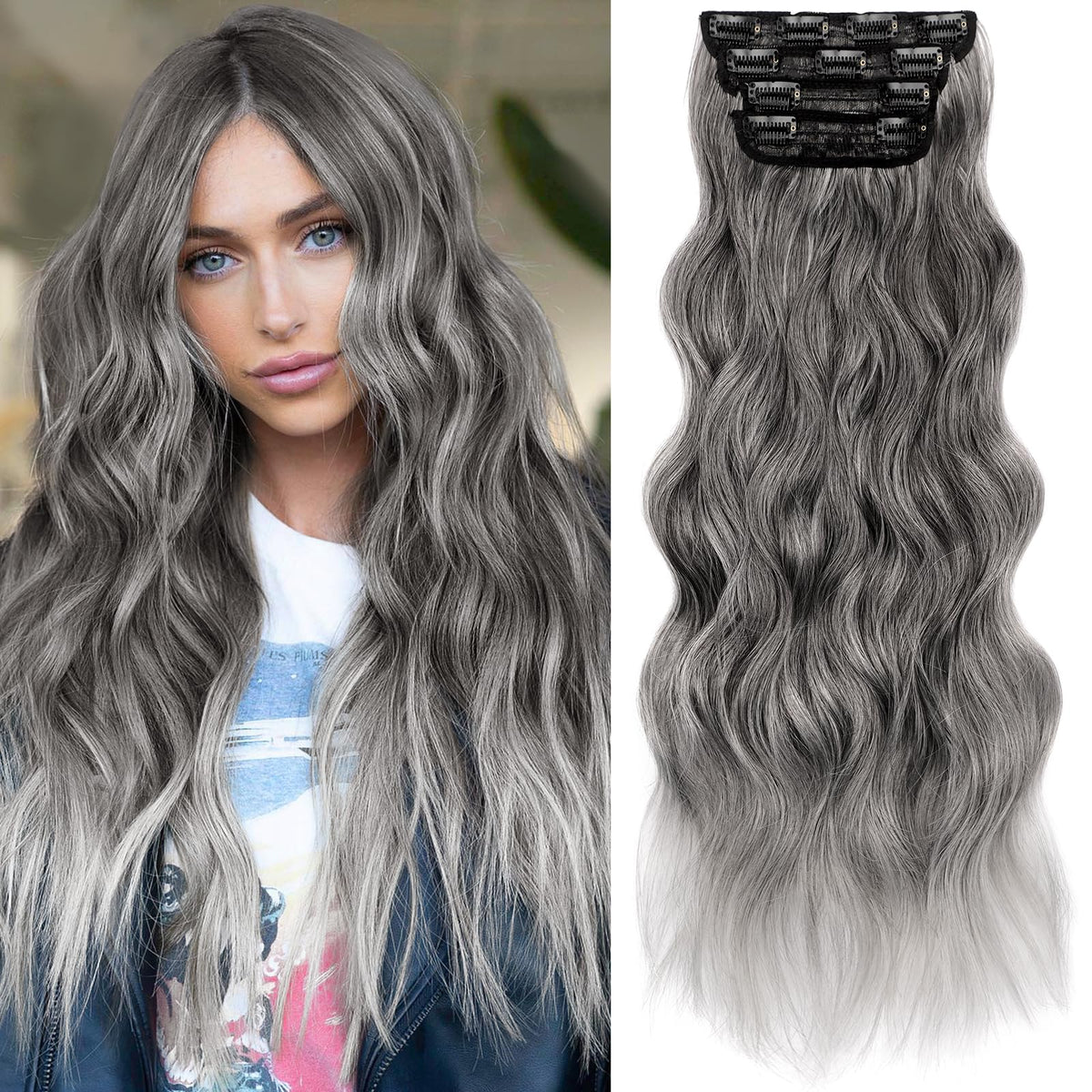 KooKaStyle Clip in Synthetic Hair Extensions 24 Inch grey sliver front view