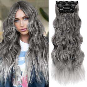 KooKaStyle Clip in Synthetic Hair Extensions 24 Inch grey sliver front view