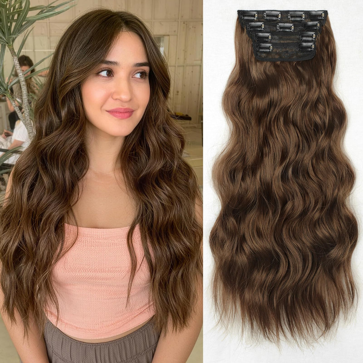 KooKaStyle Clip-in Synthetic Hair Extensions 24 Inch Warm Auburn Brown front view