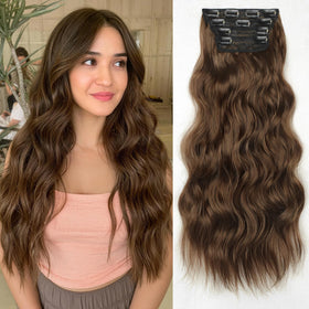 KooKaStyle Clip-in Synthetic Hair Extensions 24 Inch Warm Auburn Brown front view