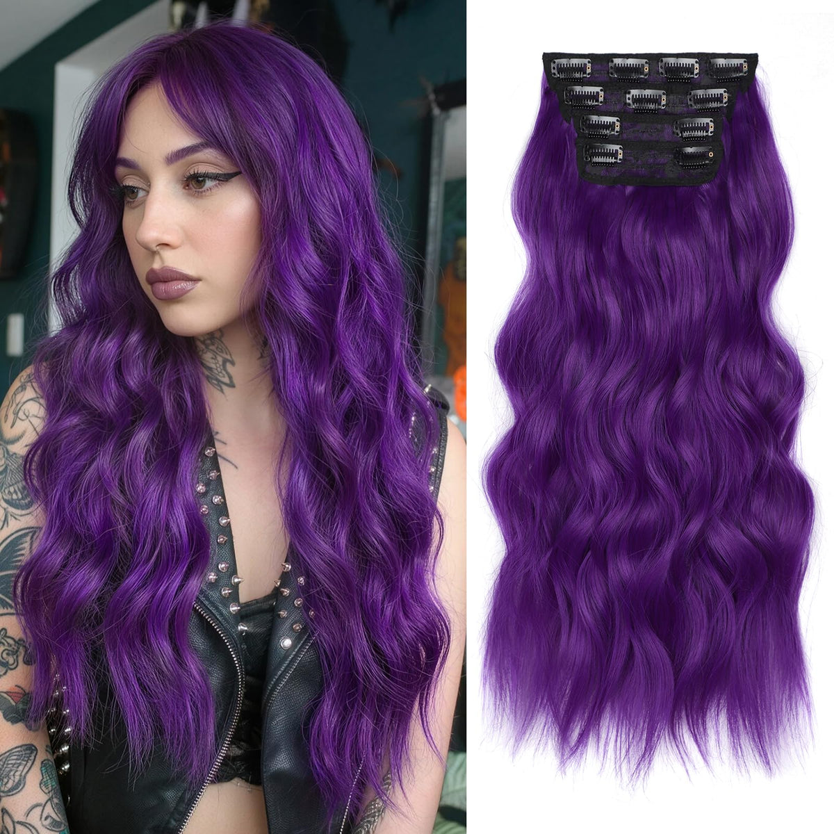 KooKaStyle Clip in Synthetic Hair Extensions Electric Purple front view