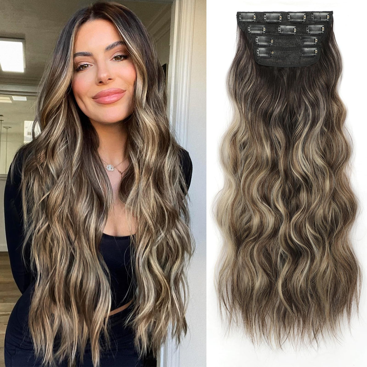 KooKaStyle Clip in Synthetic Hair Extensions front view, dark brown and ash blonde