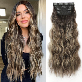KooKaStyle Clip in Synthetic Hair Extensions front view, dark brown and ash blonde