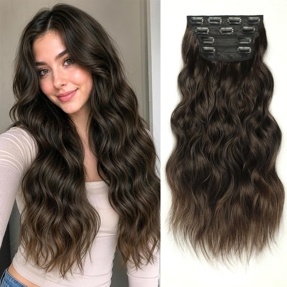 KooKaStyle Clip in Synthetic Hair Extensions front view, dark walnut brown