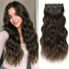 KooKaStyle Clip in Synthetic Hair Extensions front view, dark walnut brown