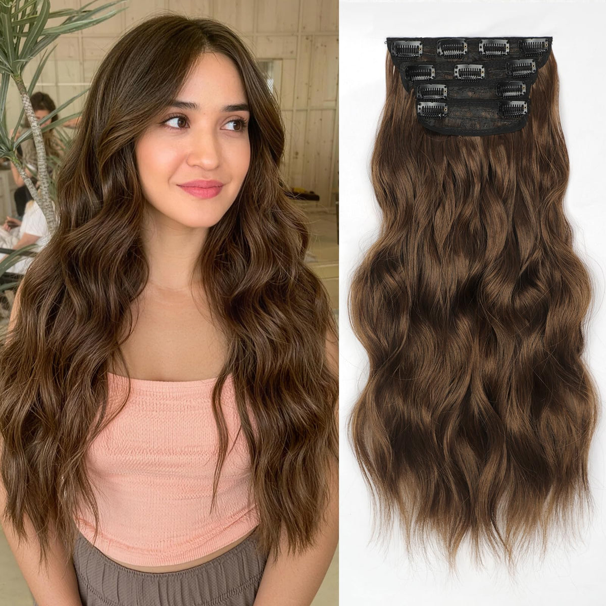 KooKaStyle Clip in Synthetic Hair Extensions front view in Warm Auburn Brown