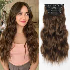 KooKaStyle Clip in Synthetic Hair Extensions front view in Warm Auburn Brown