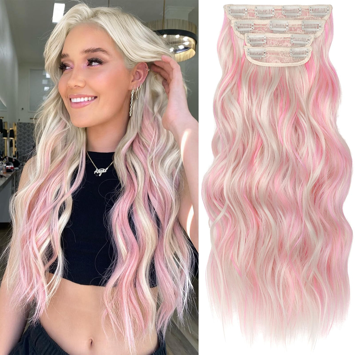 KooKaStyle Clip in Synthetic Hair Extensions front view with wavy texture