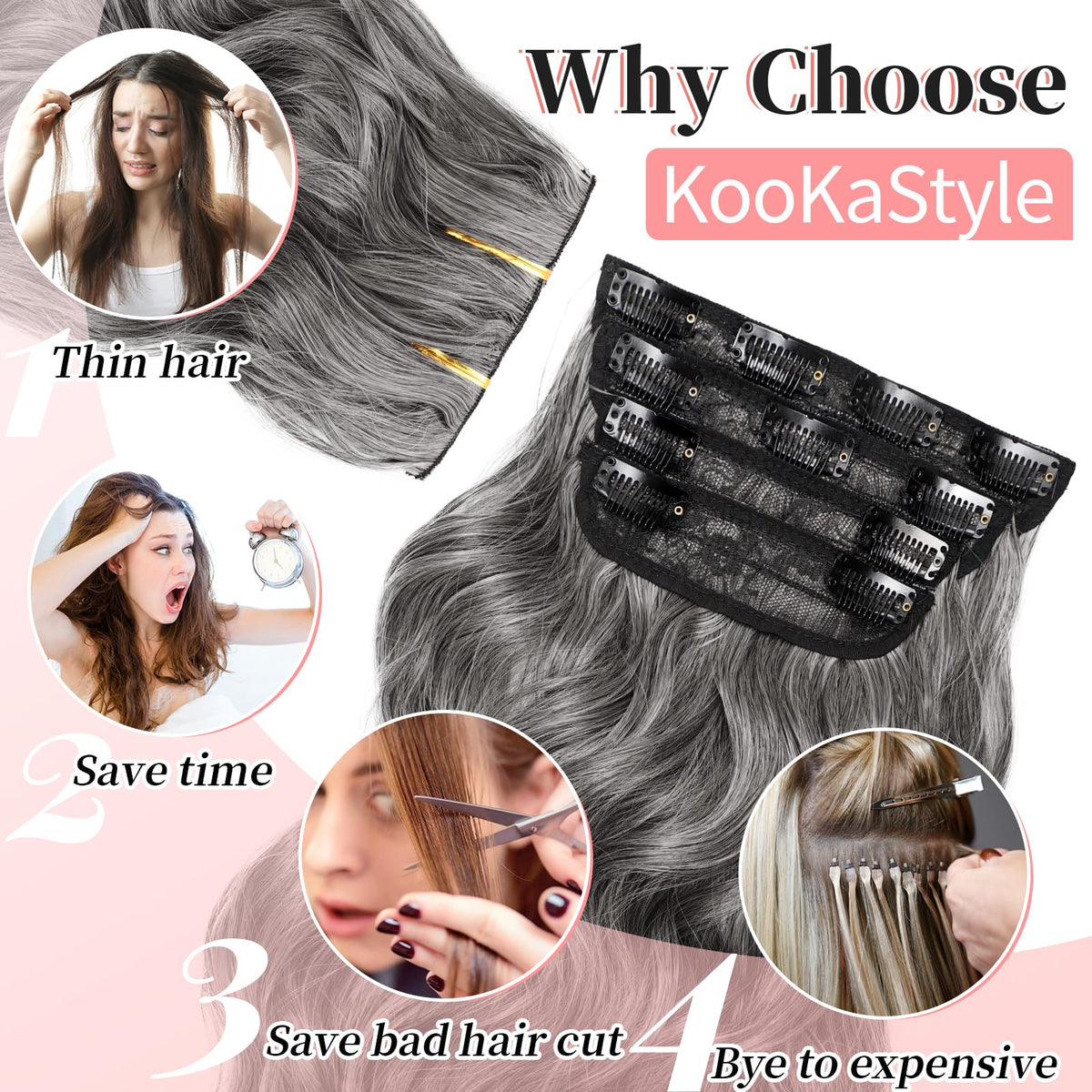 KooKaStyle Clip-in Synthetic Hair Extensions Grey Sliver back view
