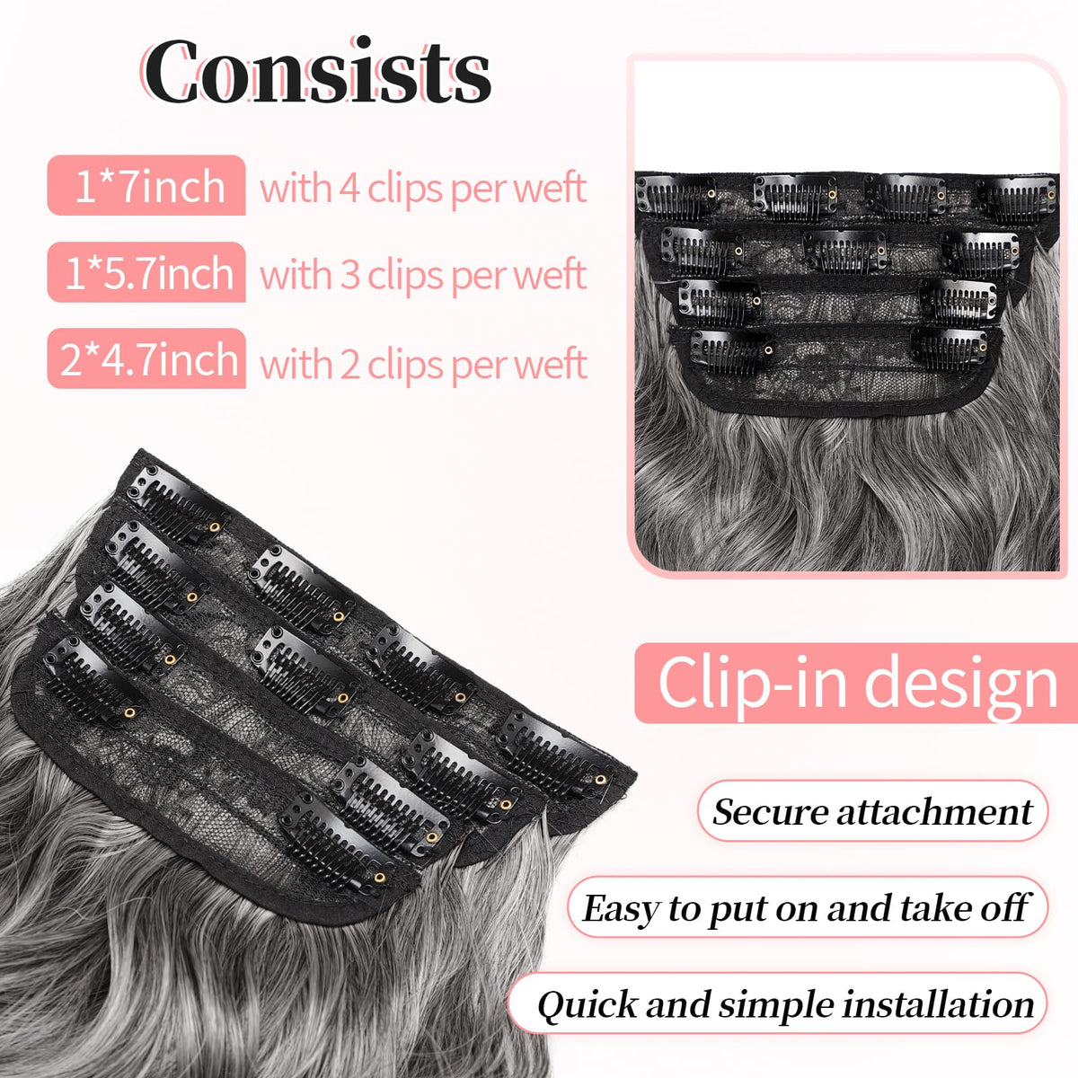 KooKaStyle Clip-in Synthetic Hair Extensions Grey Sliver close-up of clips