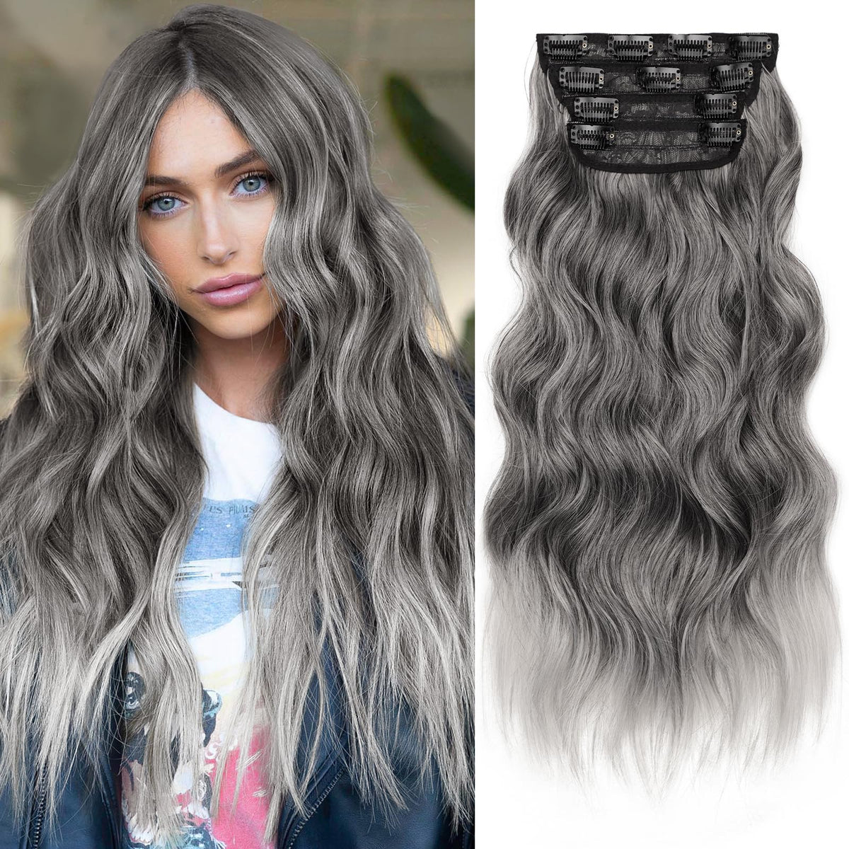 KooKaStyle Clip-in Synthetic Hair Extensions Grey Sliver front view