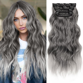 KooKaStyle Clip-in Synthetic Hair Extensions Grey Sliver front view