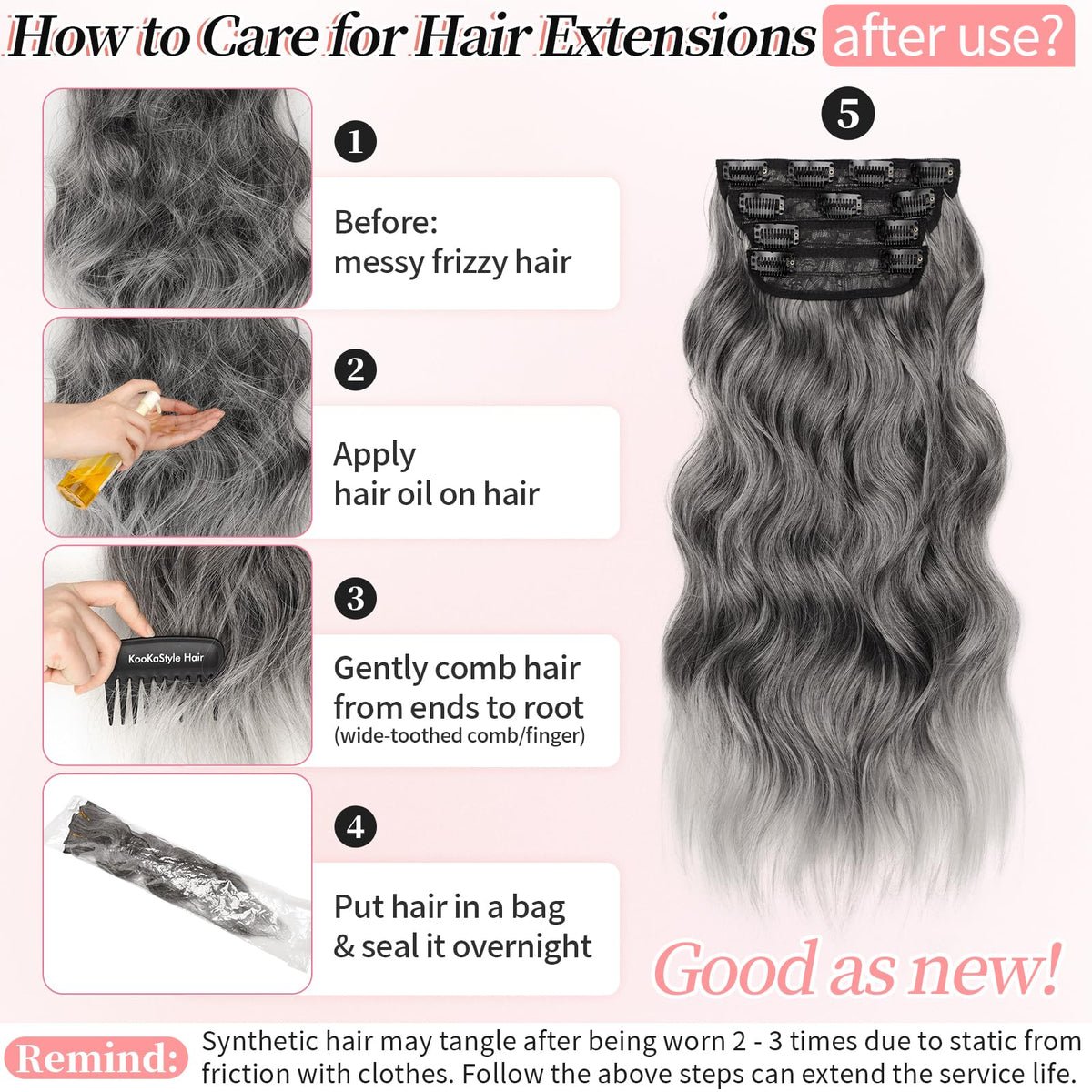 KooKaStyle Clip-in Synthetic Hair Extensions Grey Sliver in natural light