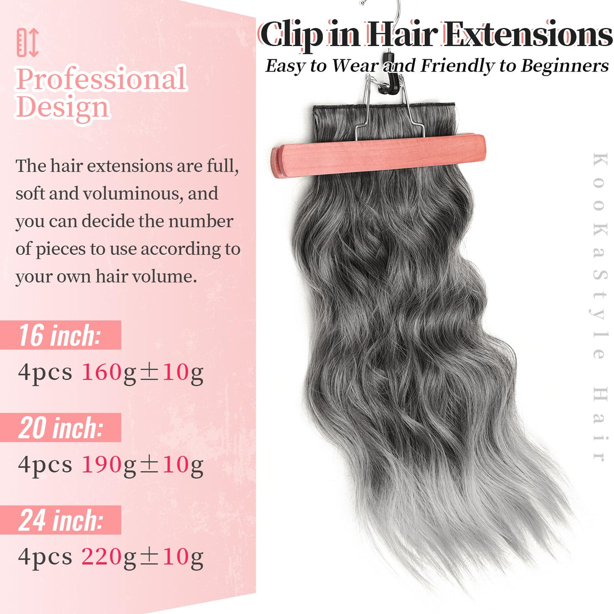 KooKaStyle Clip-in Synthetic Hair Extensions Grey Sliver on model