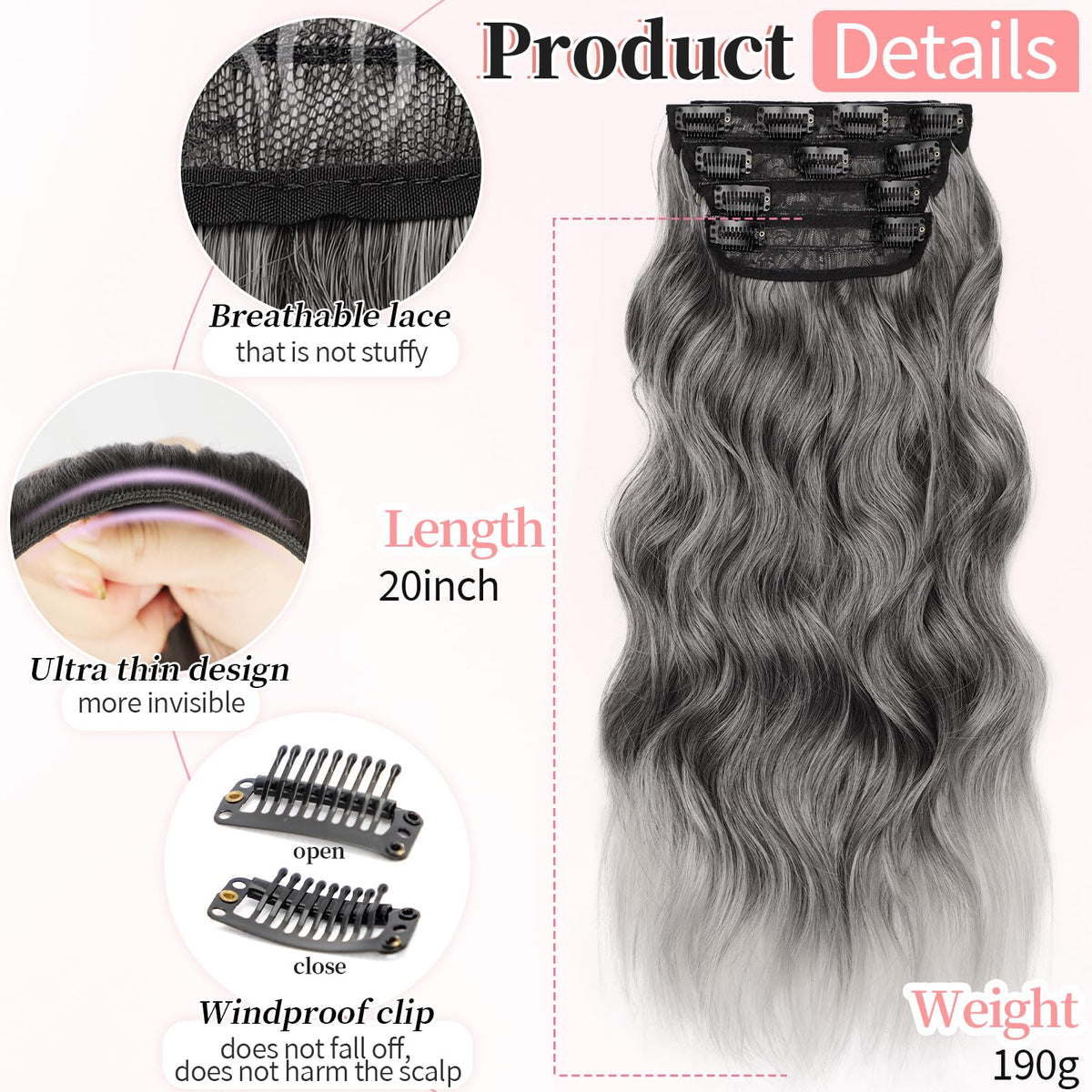KooKaStyle Clip-in Synthetic Hair Extensions Grey Sliver packaging
