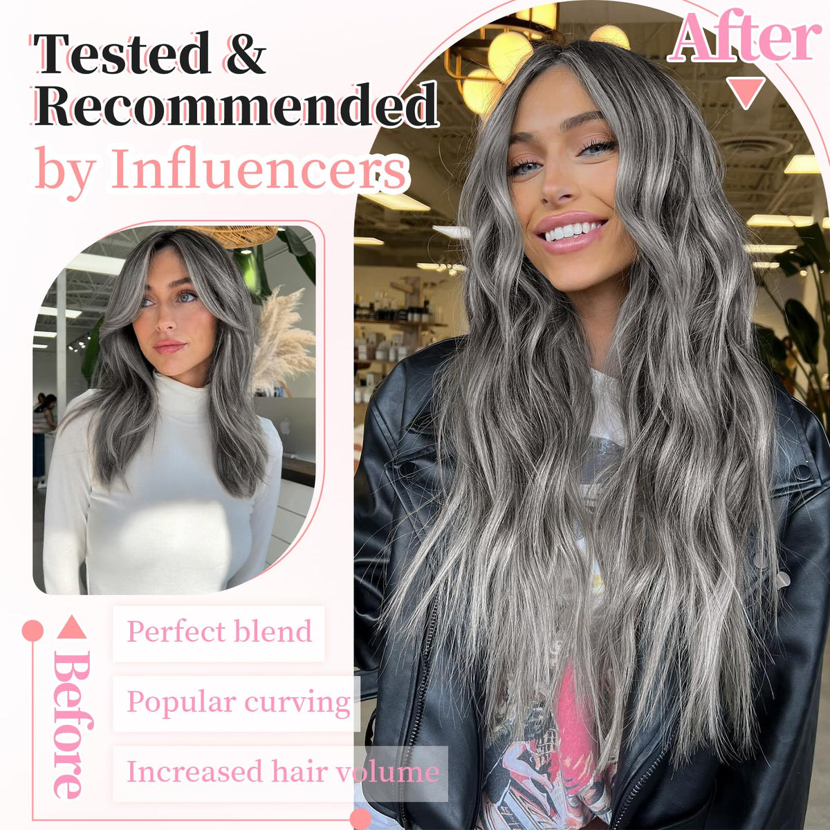 KooKaStyle Clip-in Synthetic Hair Extensions Grey Sliver styling options