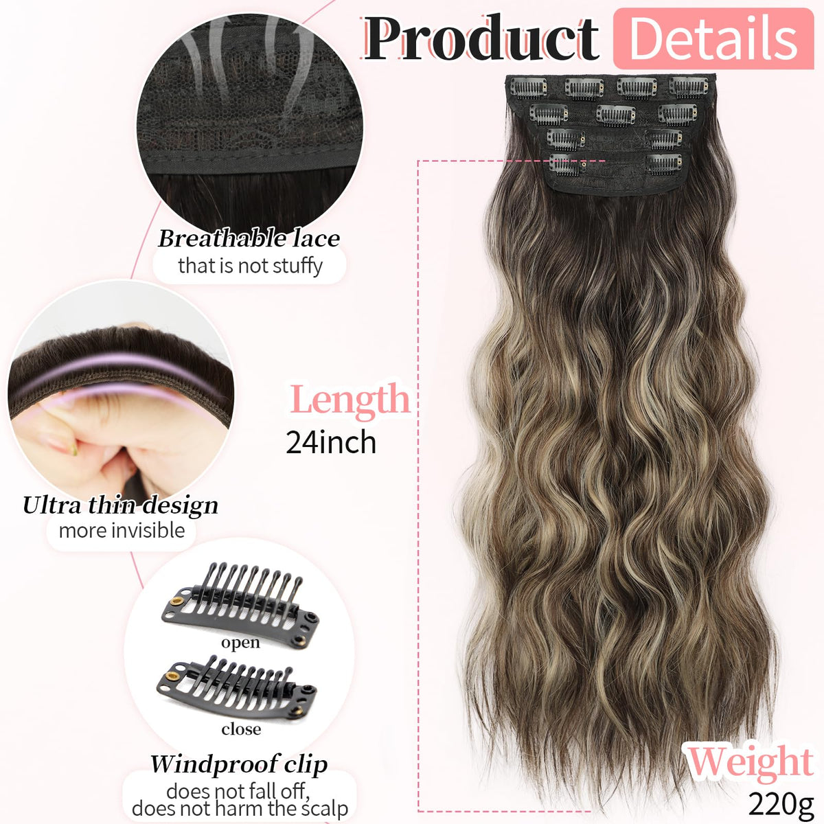 KooKaStyle Clip in Synthetic Hair Extensions side view showing length