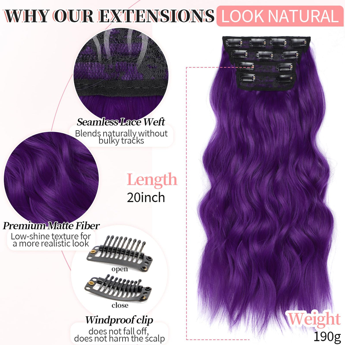 KooKaStyle Electric Purple Hair Extensions showing clips